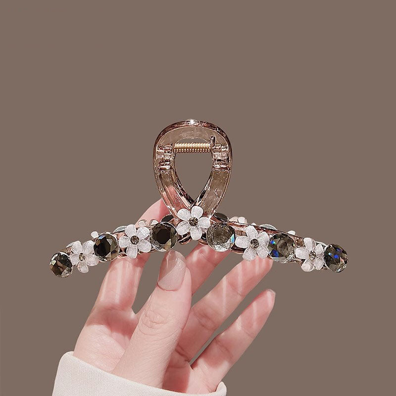 High end camellia fashion versatile large sparkling diamond pearl clip for women's hair clip, shark clip at the back of the head A985