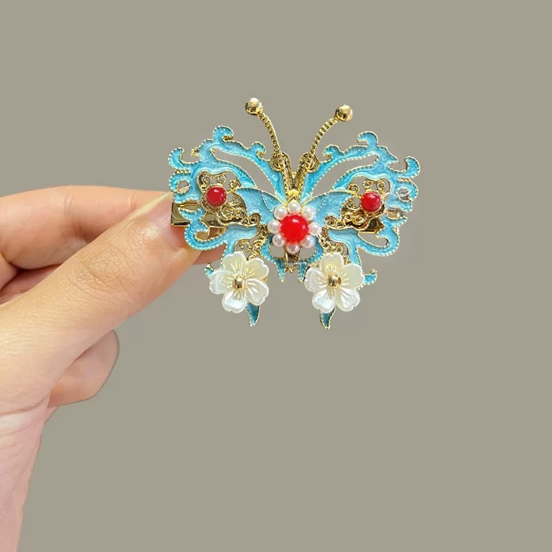 Retro and dynamic tassel, burned blue pearl bead hair clip, headwear, court classical charm A8301