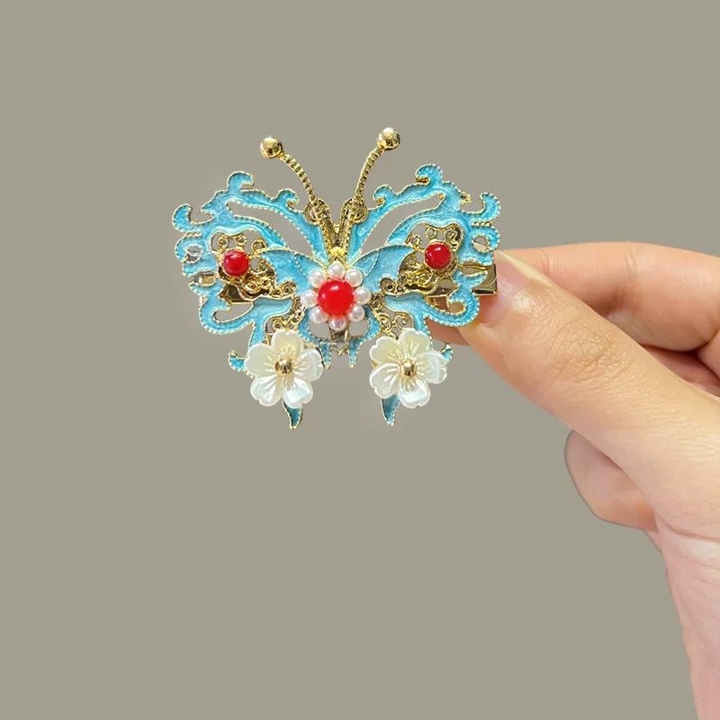 Retro and dynamic tassel, burned blue pearl bead hair clip, headwear, court classical charm A8301