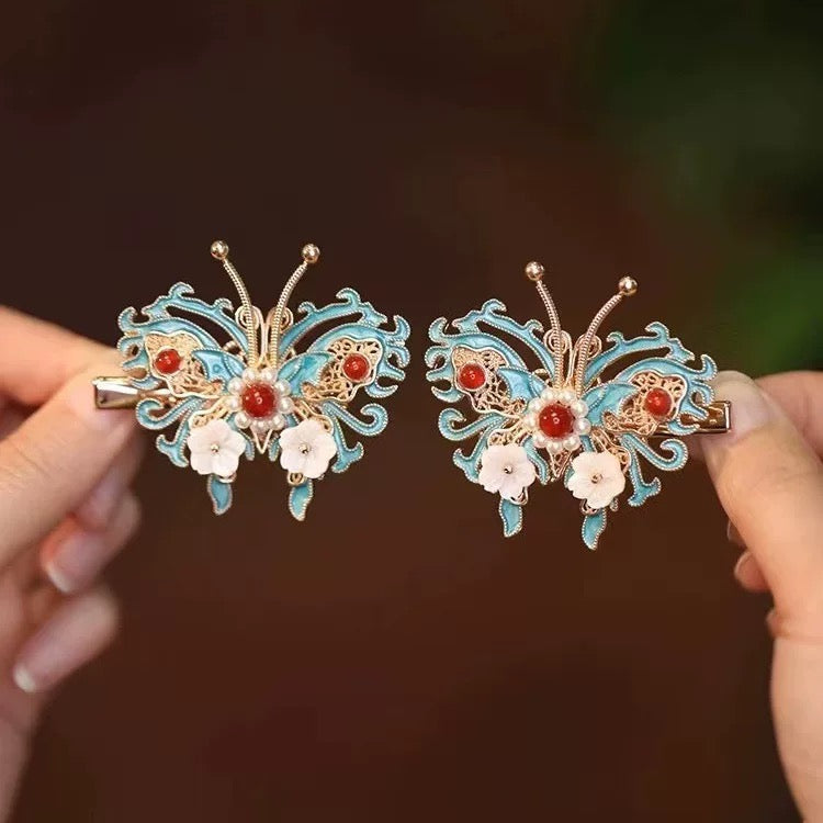 Retro and dynamic tassel, burned blue pearl bead hair clip, headwear, court classical charm A8301