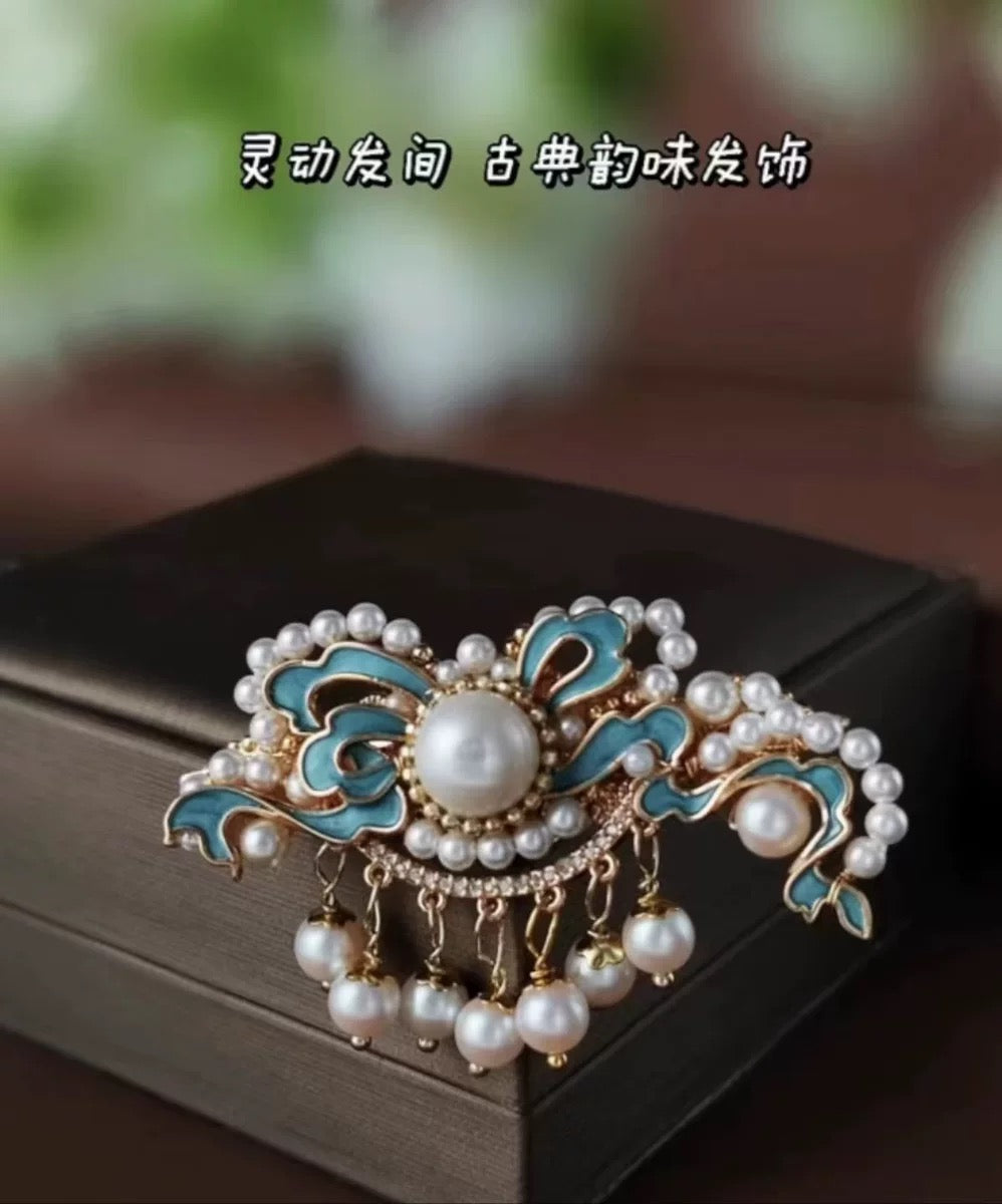 Retro and dynamic tassel, burned blue pearl bead hair clip, headwear, court classical charm A8301
