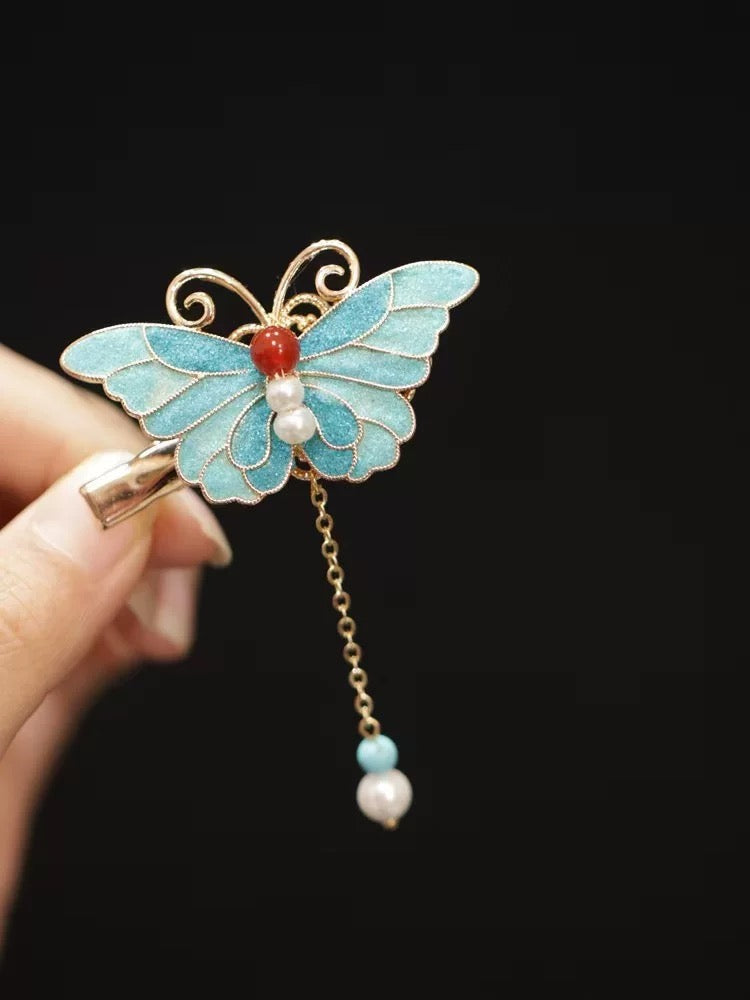 Retro and dynamic tassel, burned blue pearl bead hair clip, headwear, court classical charm A8301