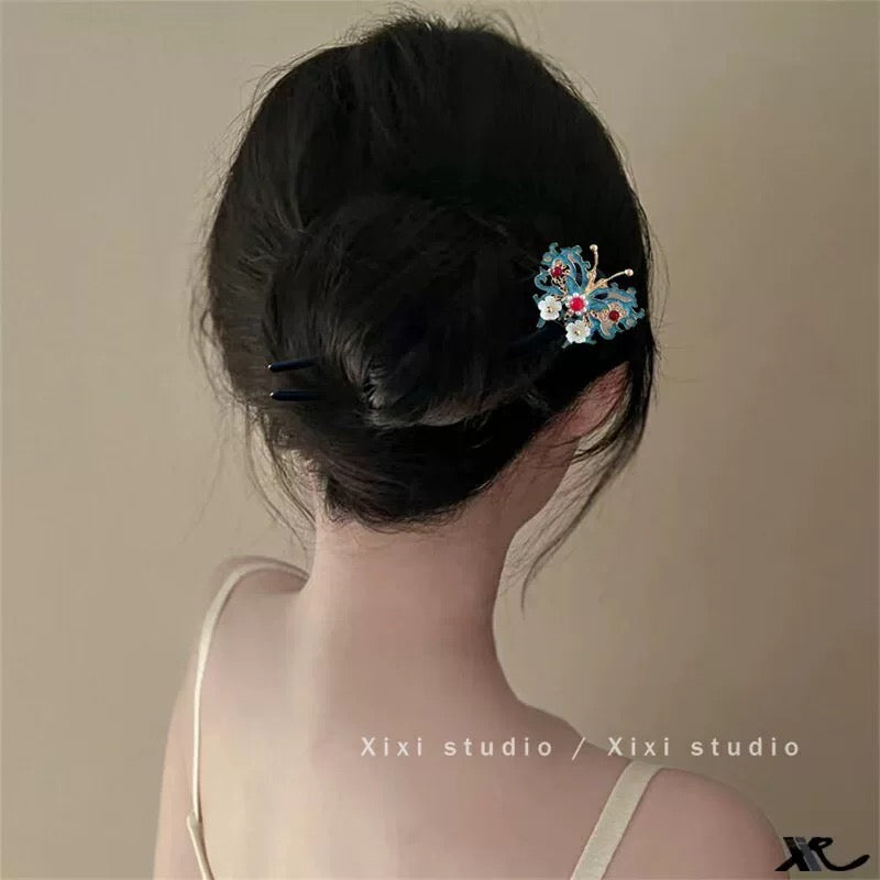 Retro and dynamic tassel, burned blue pearl bead hair clip, headwear, court classical charm A8301