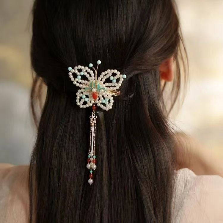 Retro and dynamic tassel, burned blue pearl bead hair clip, headwear, court classical charm A8301