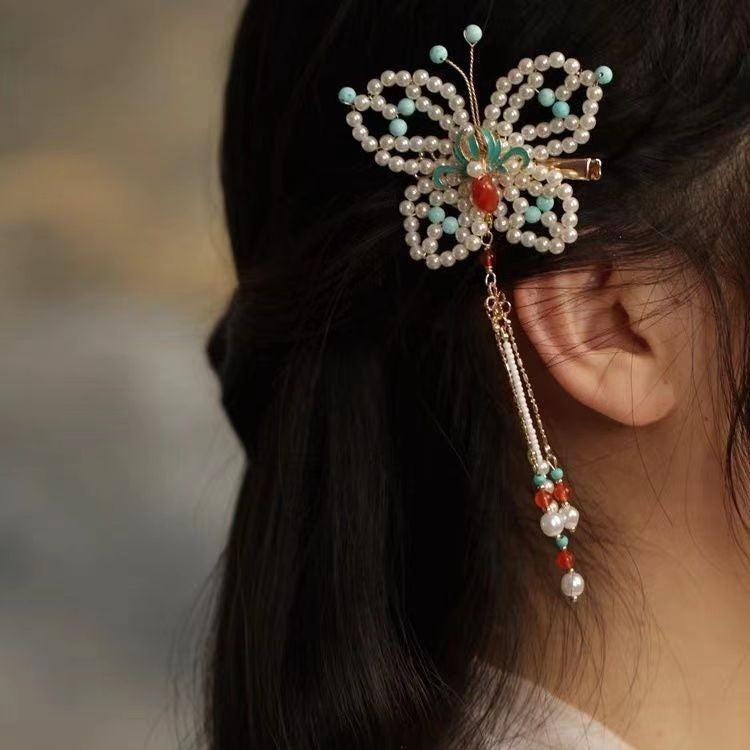 Retro and dynamic tassel, burned blue pearl bead hair clip, headwear, court classical charm A8301