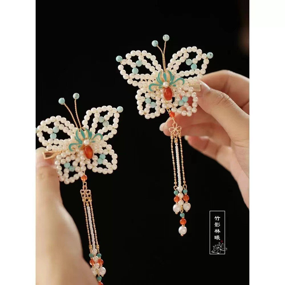 Retro and dynamic tassel, burned blue pearl bead hair clip, headwear, court classical charm A8301