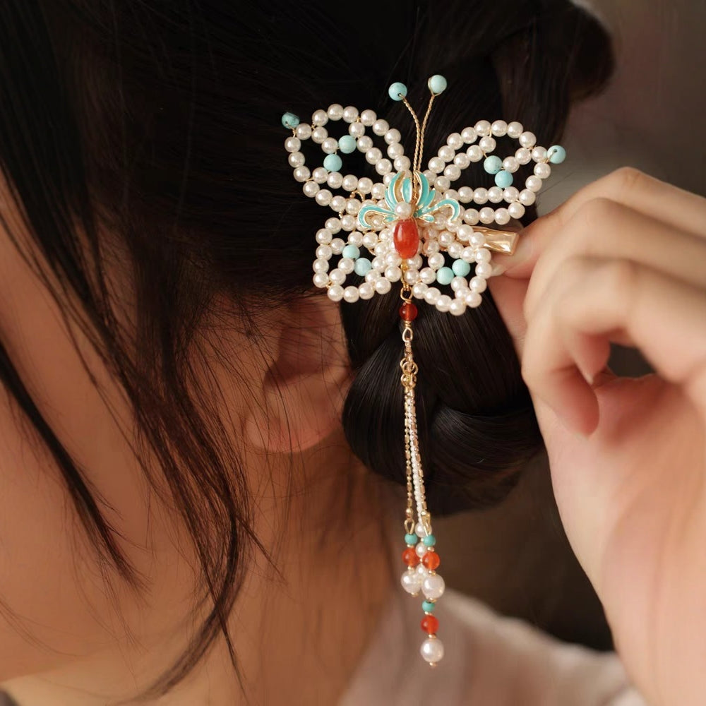 Retro and dynamic tassel, burned blue pearl bead hair clip, headwear, court classical charm A8301