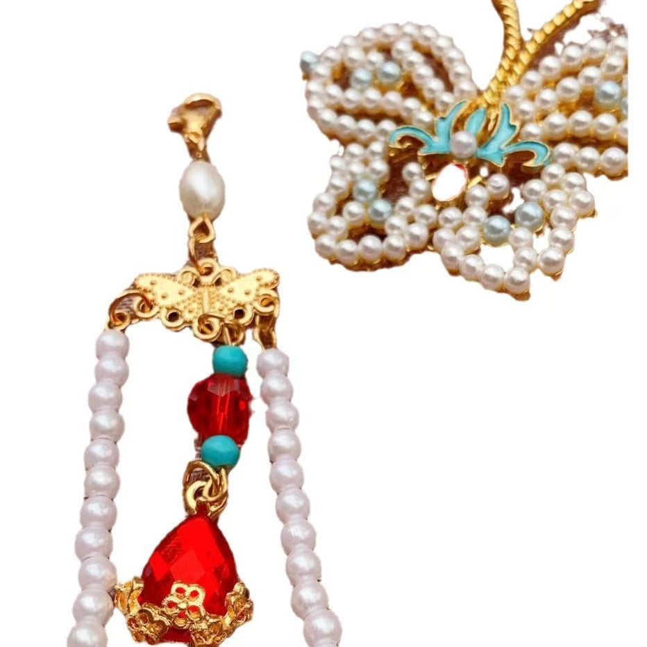 Retro and dynamic tassel, burned blue pearl bead hair clip, headwear, court classical charm A8301