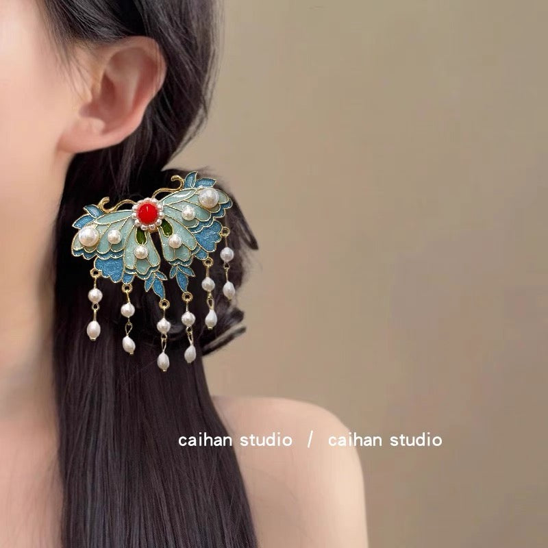 Retro and dynamic tassel, burned blue pearl bead hair clip, headwear, court classical charm A8301