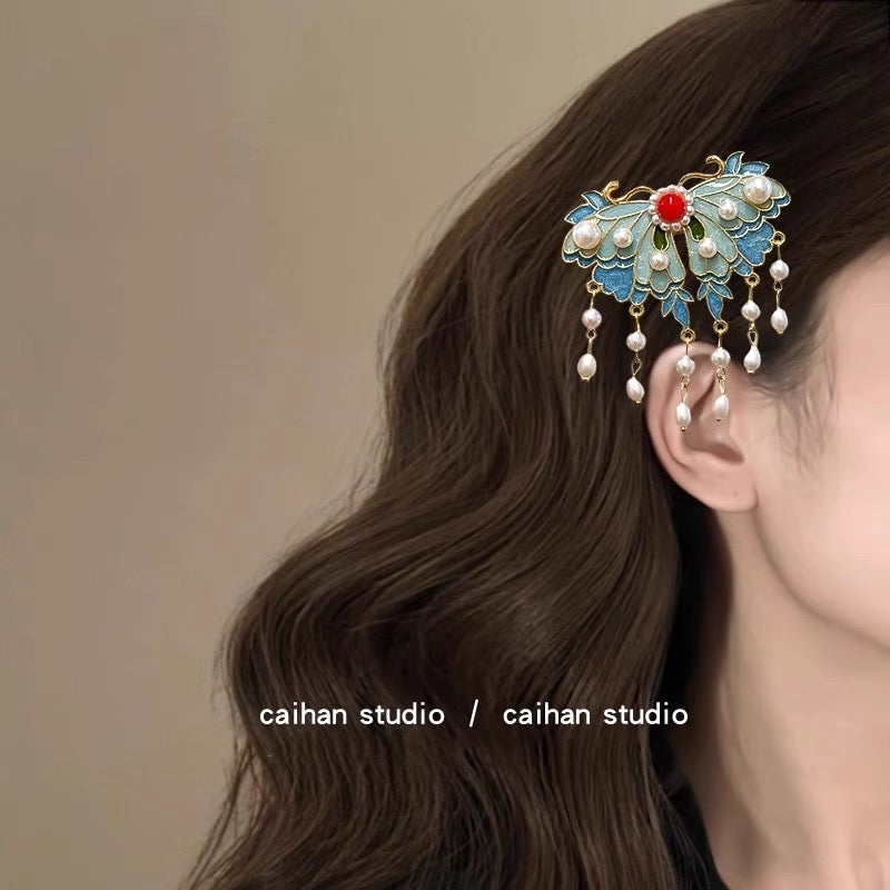 Retro and dynamic tassel, burned blue pearl bead hair clip, headwear, court classical charm A8301