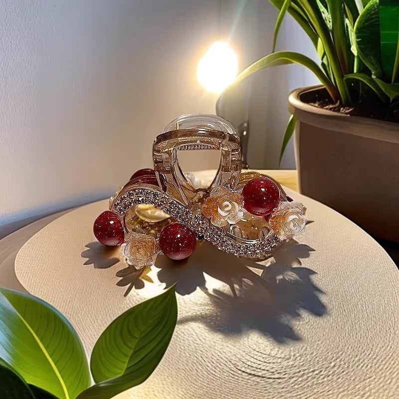 Water Diamond Camellia Bead Gripper Women's 2025 New Style Light Luxury Premium Design Hair Clip, Back of the Head Coiled Hair Ornament