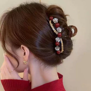 Water Diamond Camellia Bead Gripper Women's 2025 New Style Light Luxury Premium Design Hair Clip, Back of the Head Coiled Hair Ornament