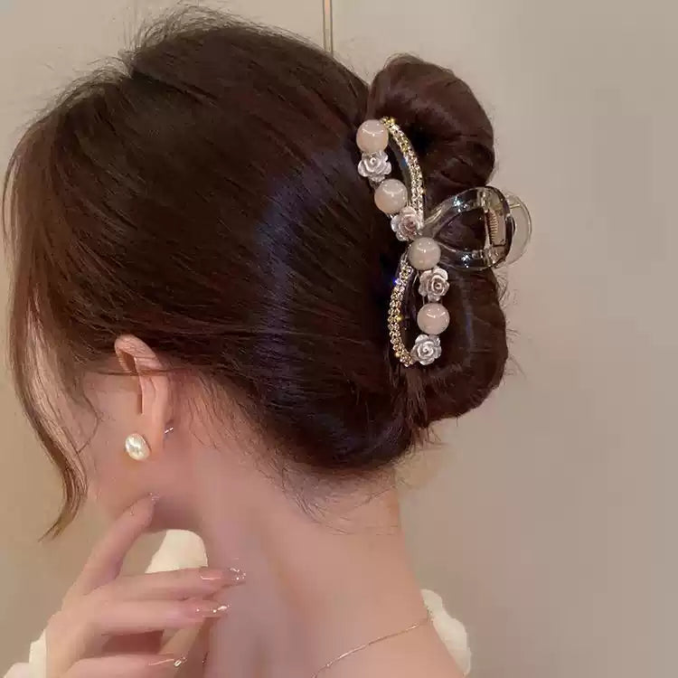 Water Diamond Camellia Bead Gripper Women's 2025 New Style Light Luxury Premium Design Hair Clip, Back of the Head Coiled Hair Ornament