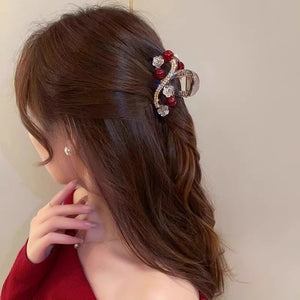 Water Diamond Camellia Bead Gripper Women's 2025 New Style Light Luxury Premium Design Hair Clip, Back of the Head Coiled Hair Ornament