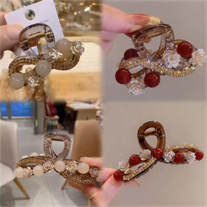 Water Diamond Camellia Bead Gripper Women's 2025 New Style Light Luxury Premium Design Hair Clip, Back of the Head Coiled Hair Ornament