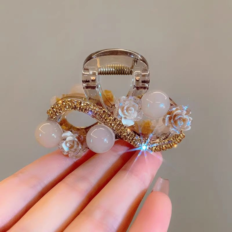 Water Diamond Camellia Bead Gripper Women's 2025 New Style Light Luxury Premium Design Hair Clip, Back of the Head Coiled Hair Ornament