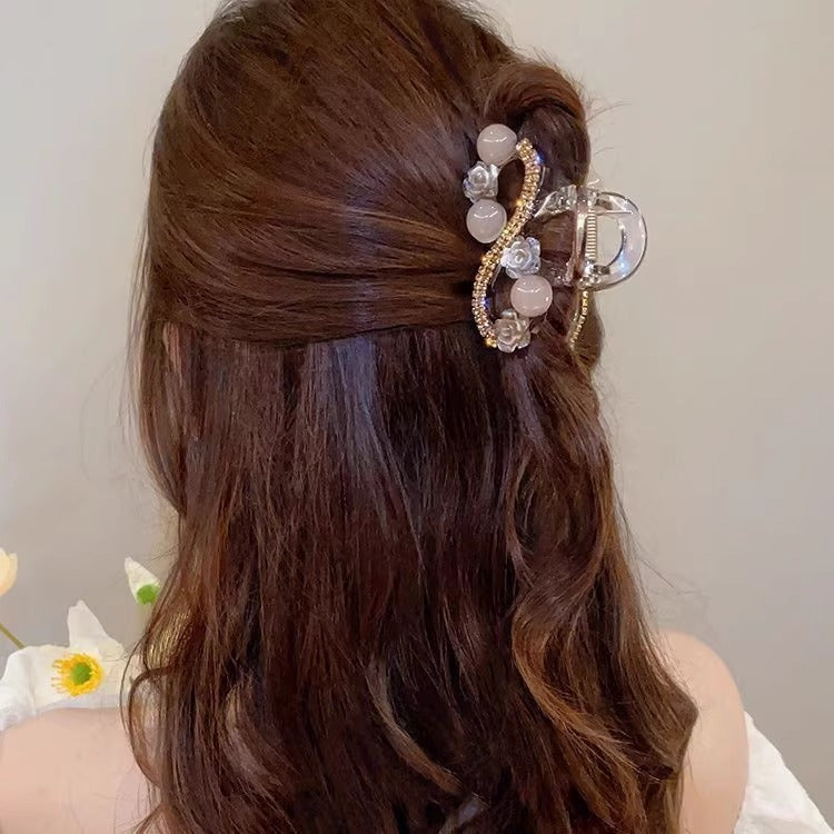 Water Diamond Camellia Bead Gripper Women's 2025 New Style Light Luxury Premium Design Hair Clip, Back of the Head Coiled Hair Ornament