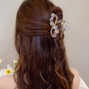 Water Diamond Camellia Bead Gripper Women's 2025 New Style Light Luxury Premium Design Hair Clip, Back of the Head Coiled Hair Ornament