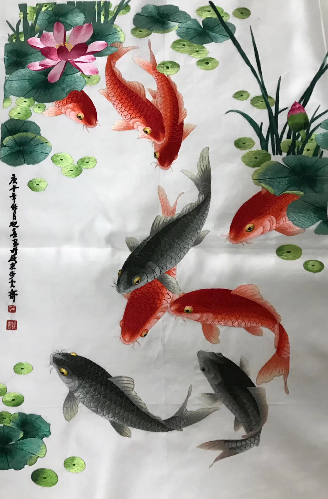 Hand embroideried Su Embroidery Art:carp fish lotus cock peony dragon vase 60cm 3918