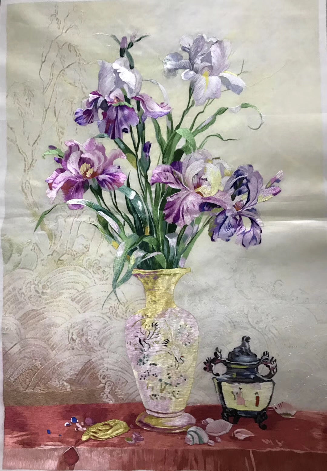 Hand embroideried Suzhou Embroidery Silk Art:vase flower lily still life wheat 60cm 3918