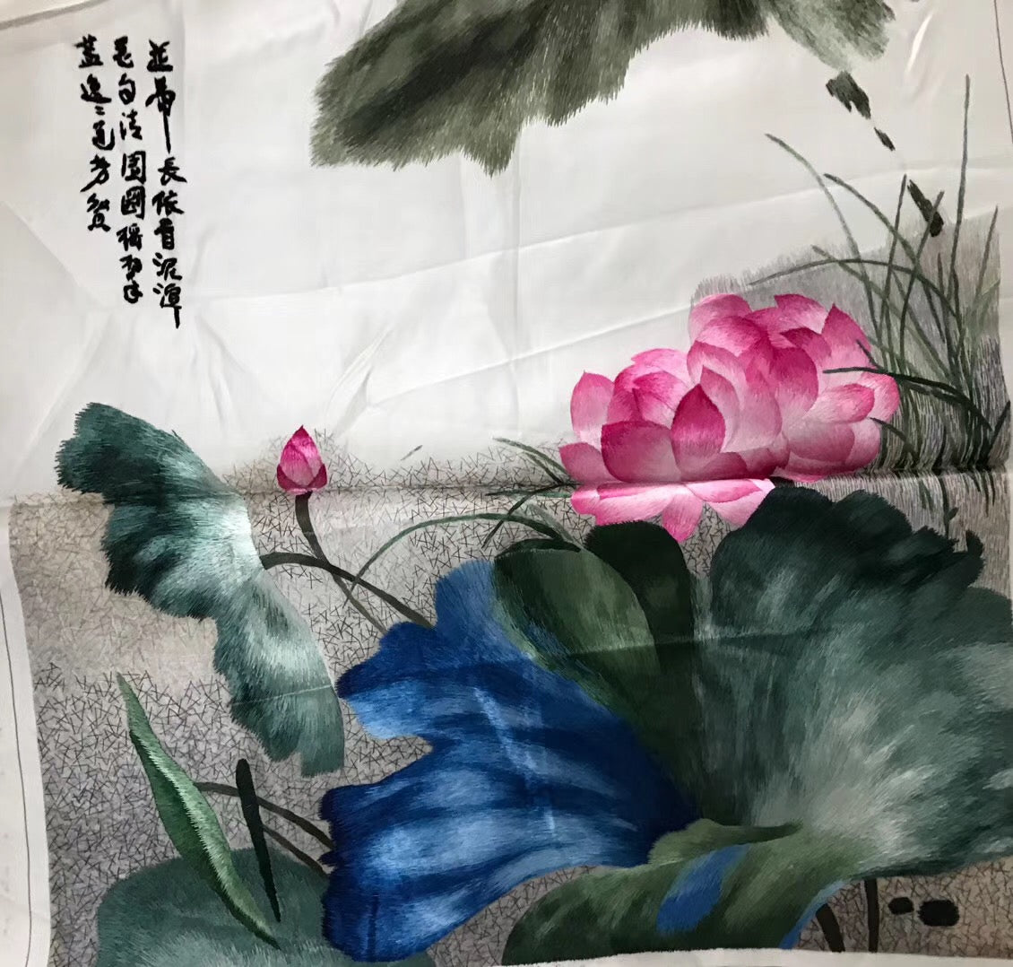 Hand Embroidered Su Embroidery Art:peony lotus lily flower fish 50cm 3918