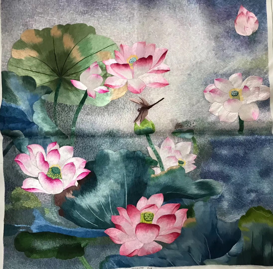 Hand Embroidered Su Embroidery Art:peony lotus lily flower fish 50cm 3918