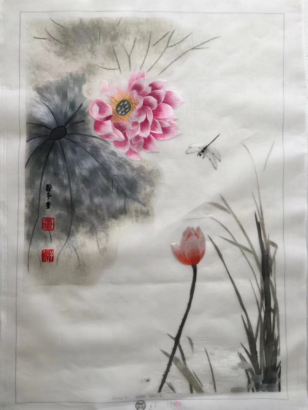 Delicate Hand Su Embroidery Art:flower lotus tulip still life fish longevity 60cm 4918