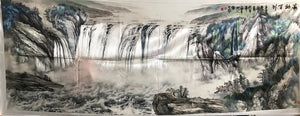 Big size Hand Su Embroidery Art:waterfall lake mountains landscape 210cm