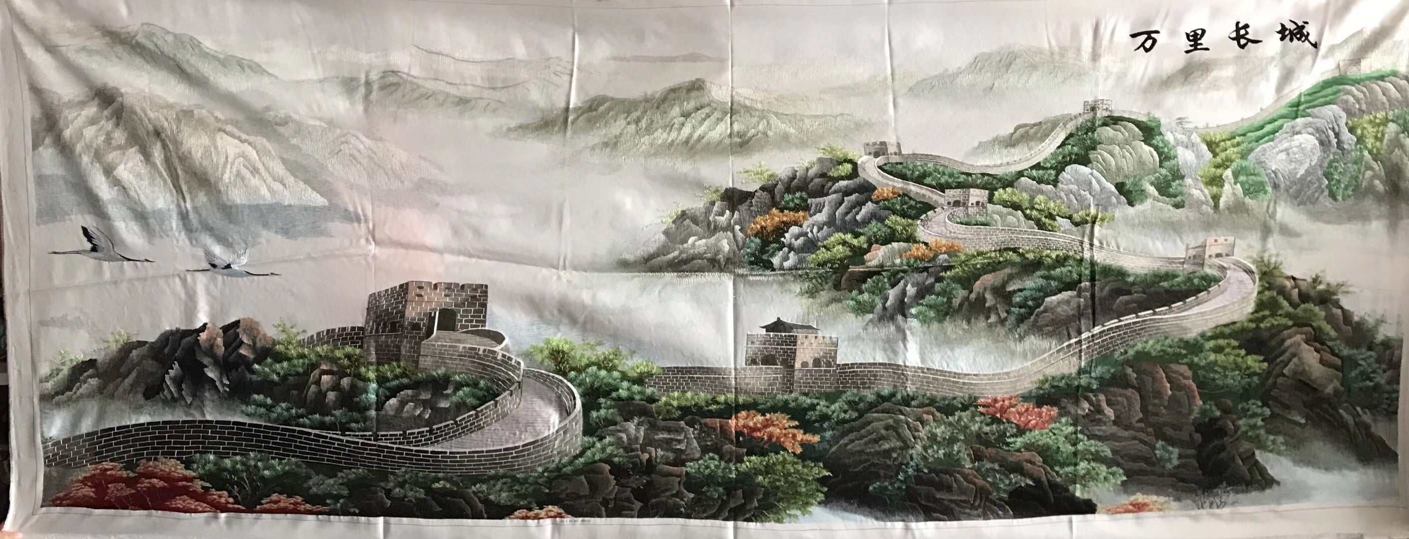 Big size Hand Su Embroidery Art:waterfall lake mountains landscape 210cm