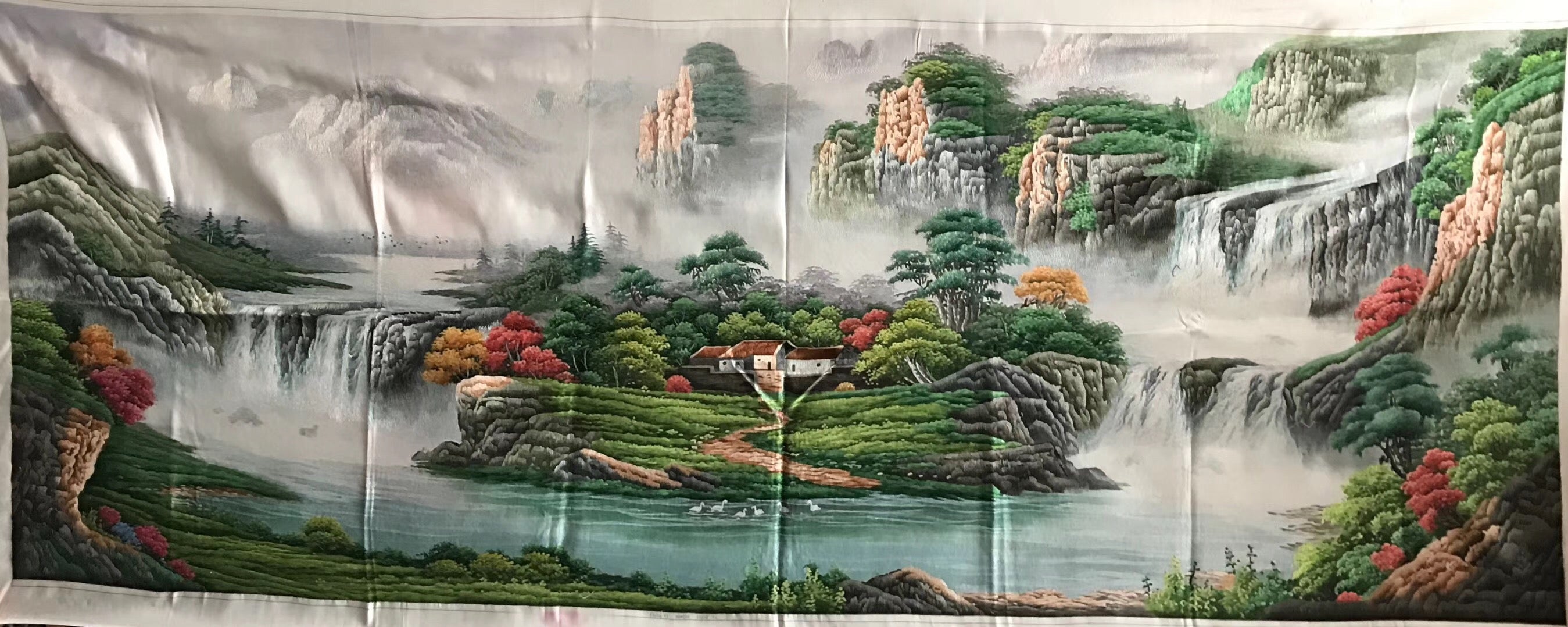 Big size Hand Su Embroidery Art:waterfall lake mountains landscape 210cm