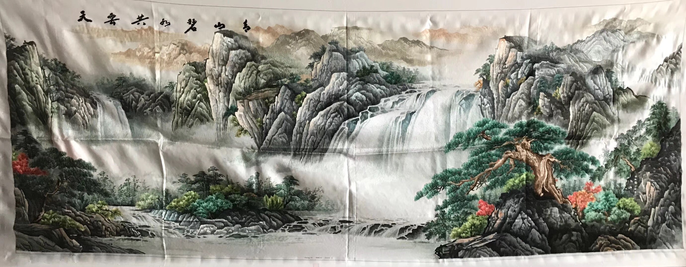 Big size Hand Su Embroidery Art:waterfall lake mountains landscape 210cm