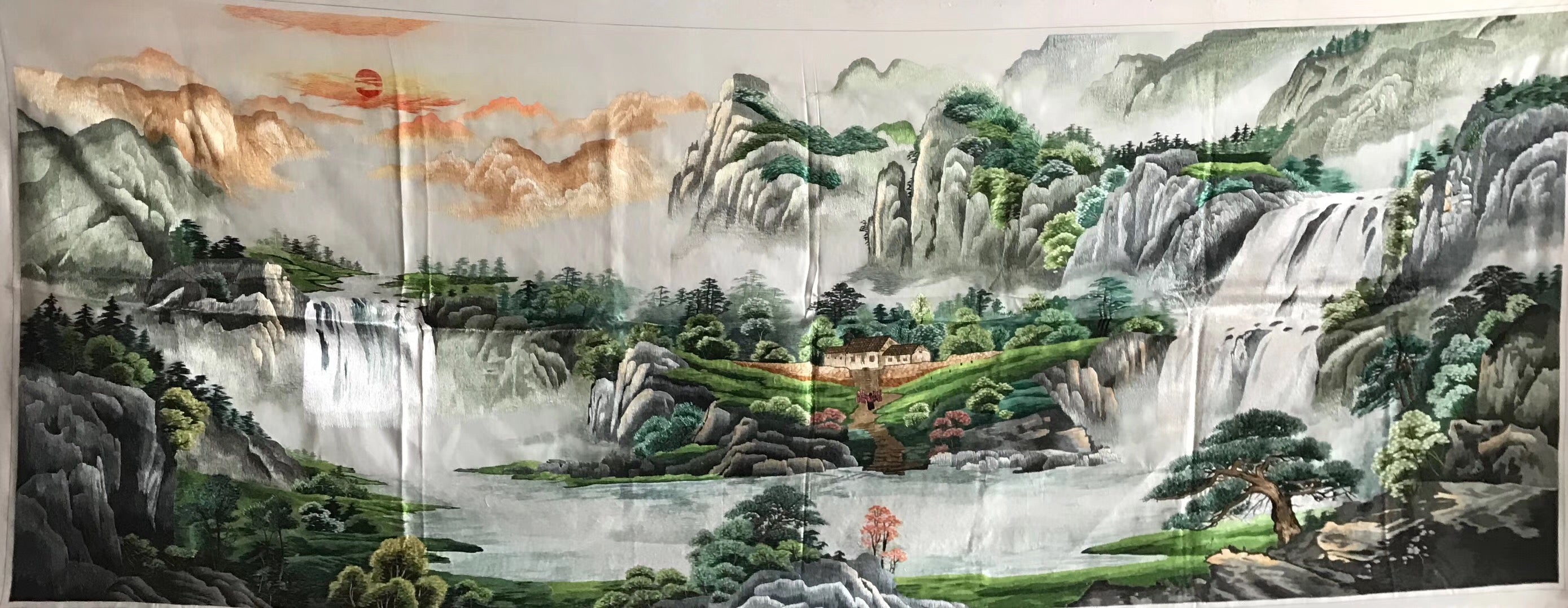 Big size Hand Su Embroidery Art:waterfall lake mountains landscape 210cm