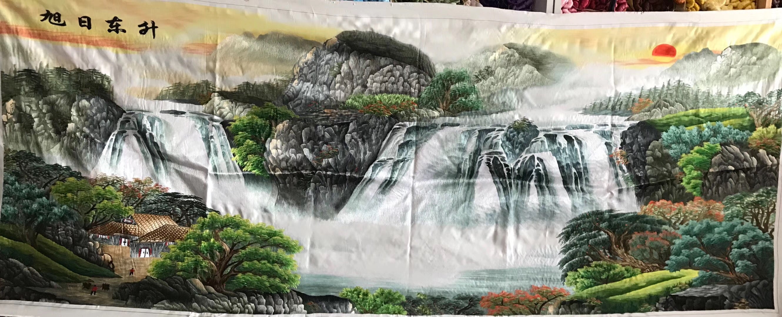 Big size Hand Su Embroidery Art:waterfall lake mountains landscape 210cm