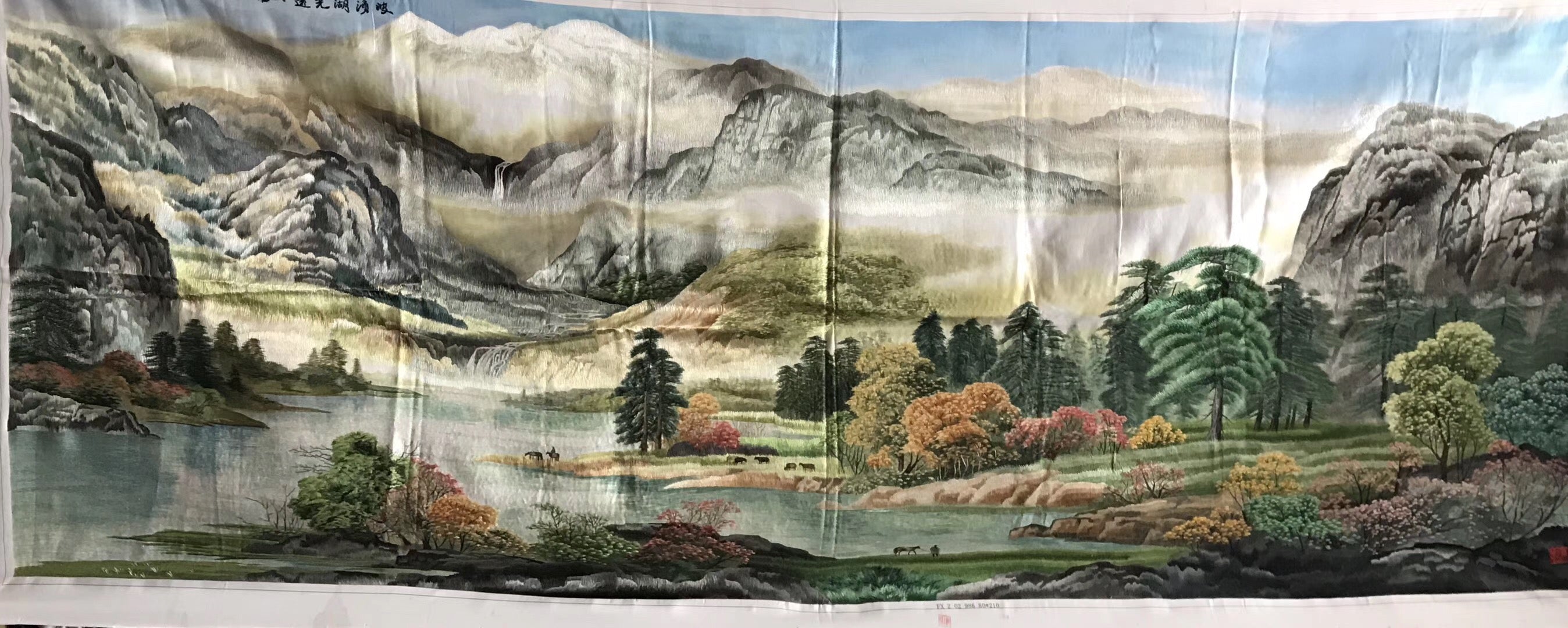 Big size Hand Su Embroidery Art:waterfall lake mountains landscape 210cm