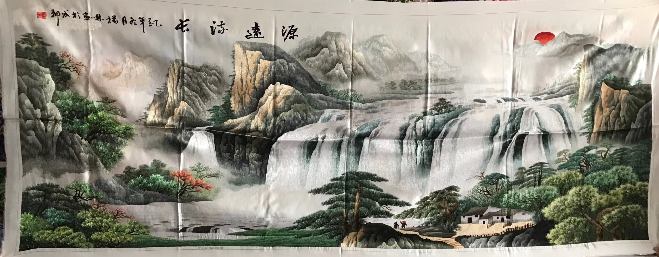 Big size Hand Su Embroidery Art:waterfall lake mountains landscape 210cm