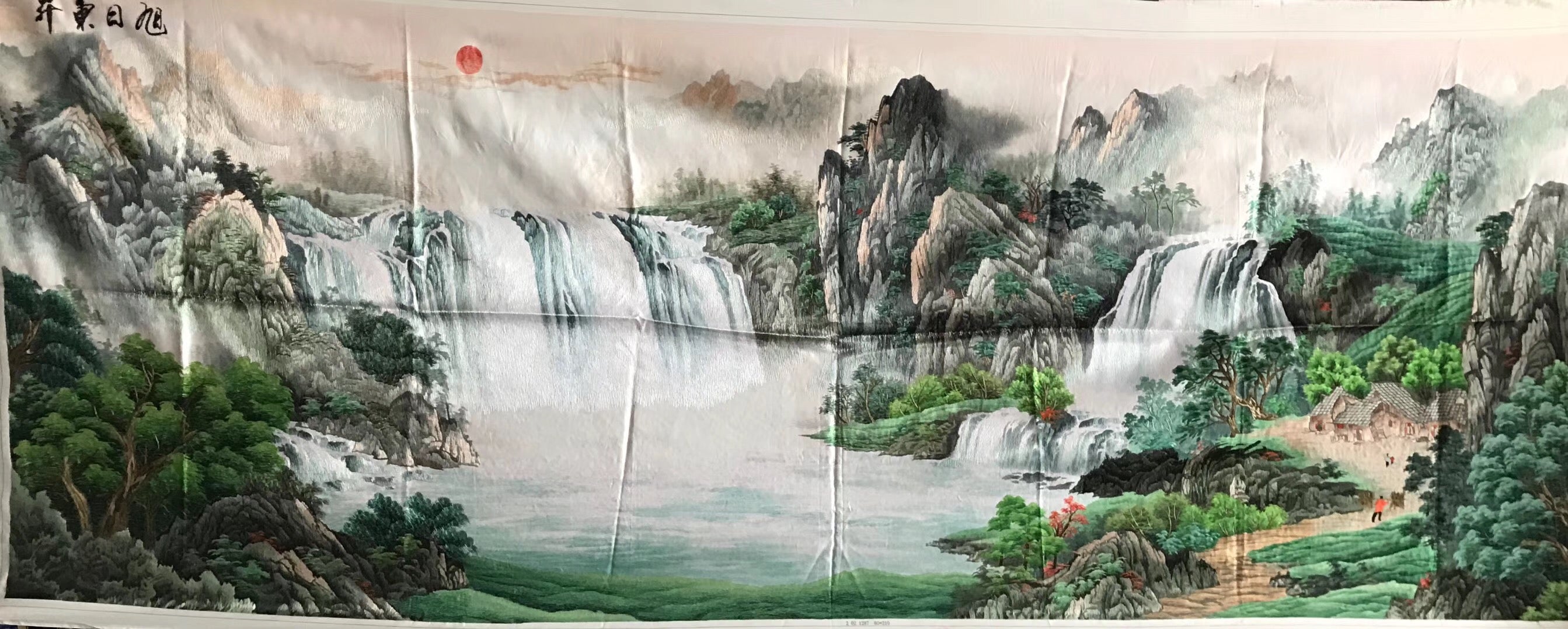 Big size Hand Su Embroidery Art:waterfall lake mountains landscape 210cm