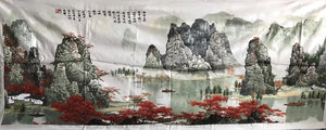 Big size Hand Su Embroidery Art:waterfall lake mountains landscape 210cm