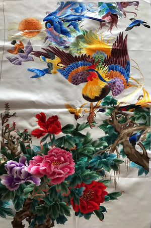 Hand Su Embroidery Art:cock birds bamboo fishes magnolia peony 80cm