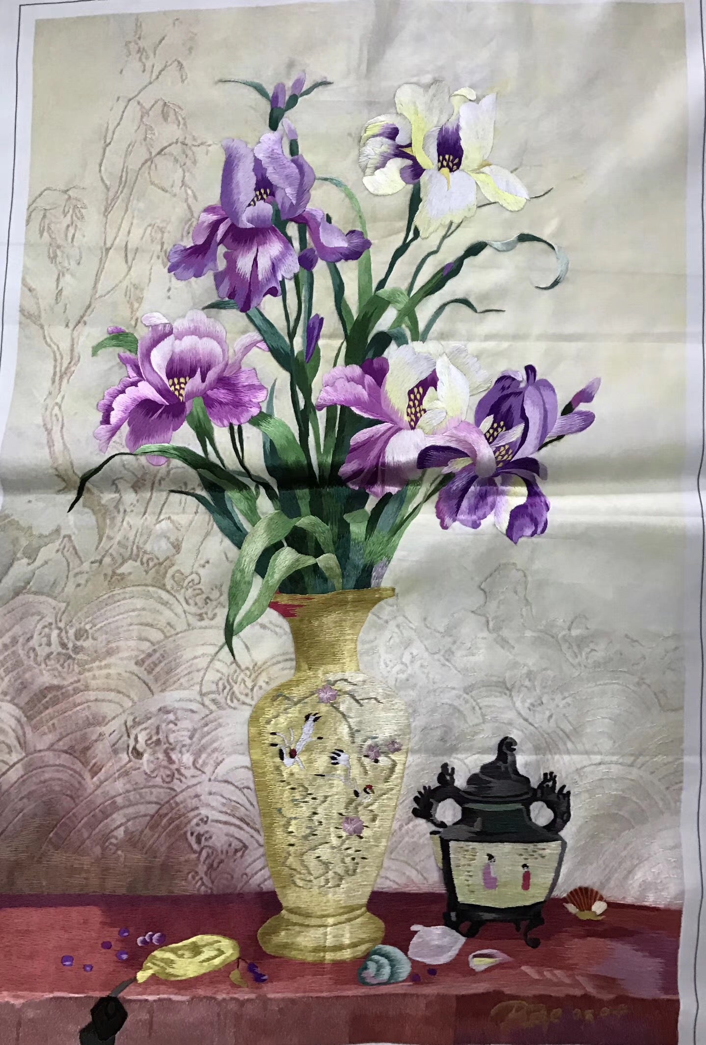 Hand embroideried Suzhou Embroidery Silk Art:vase flower lily still life wheat 60cm 3918