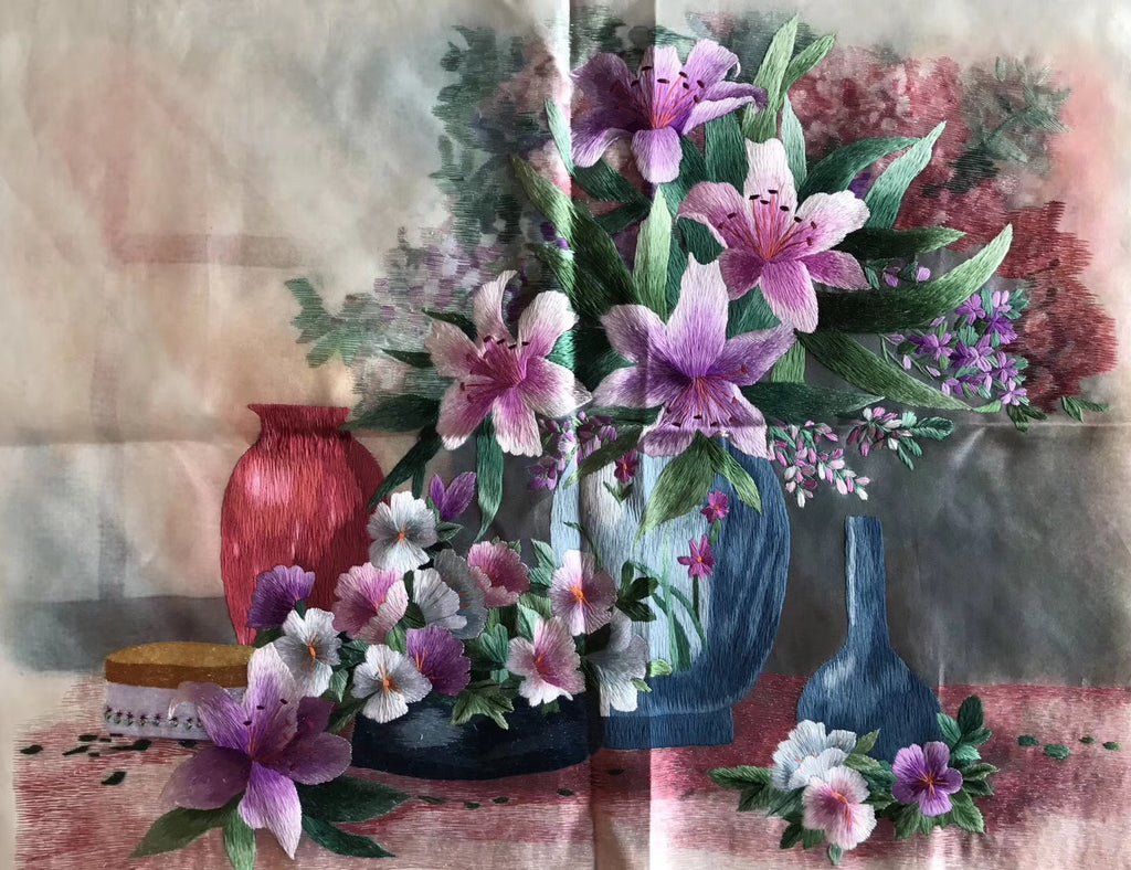 Hand embroideried Su Embroidery Art:bamboo landscape vase flower still life 53cm 4918