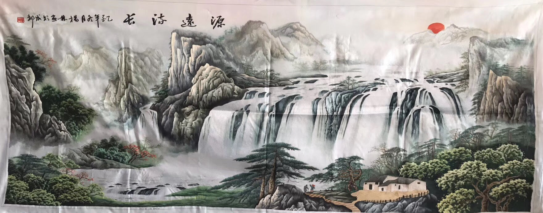 Big size Hand Su Embroidery Art:waterfall lake mountains landscape 210cm