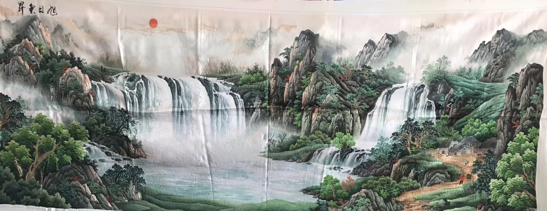 Big size Hand Su Embroidery Art:waterfall lake mountains landscape 210cm