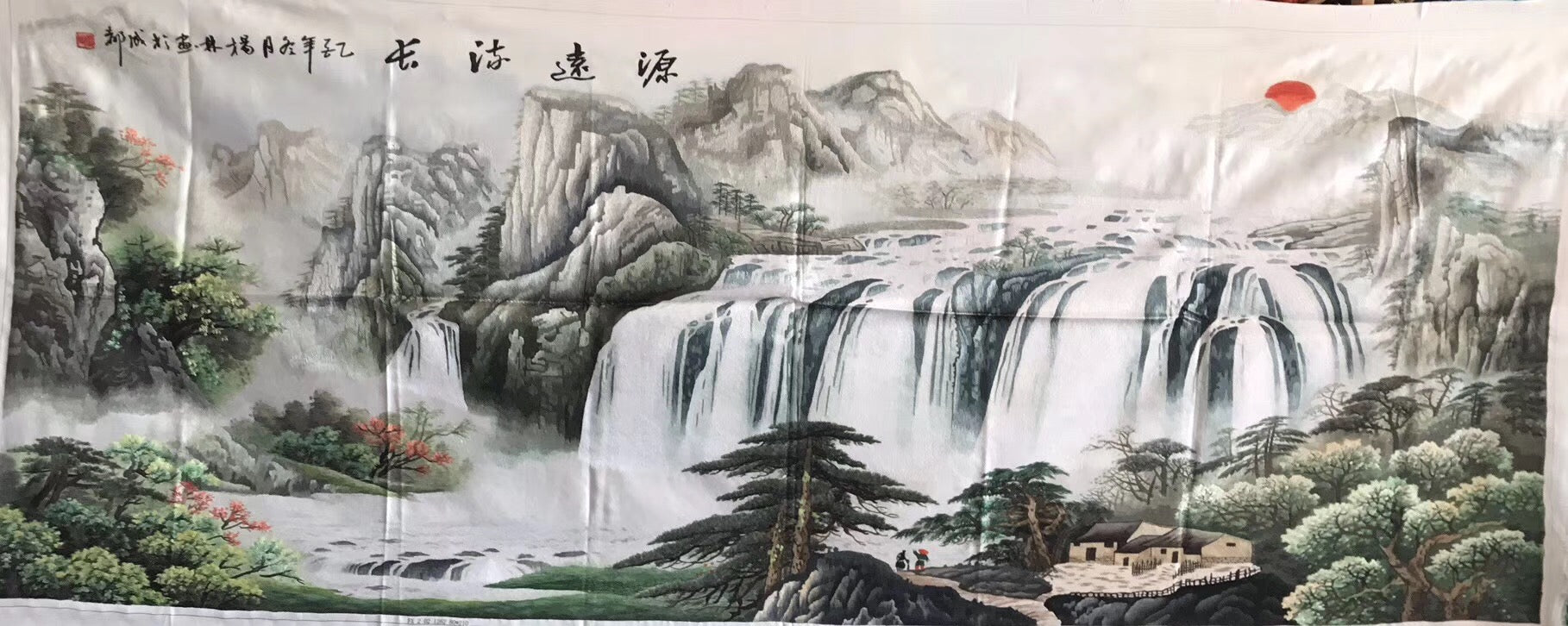 Big size Hand Su Embroidery Art:waterfall lake mountains landscape 210cm