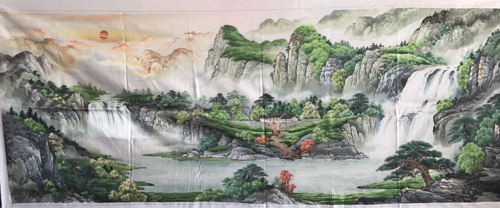 Big size Hand Su Embroidery Art:waterfall lake mountains landscape 210cm