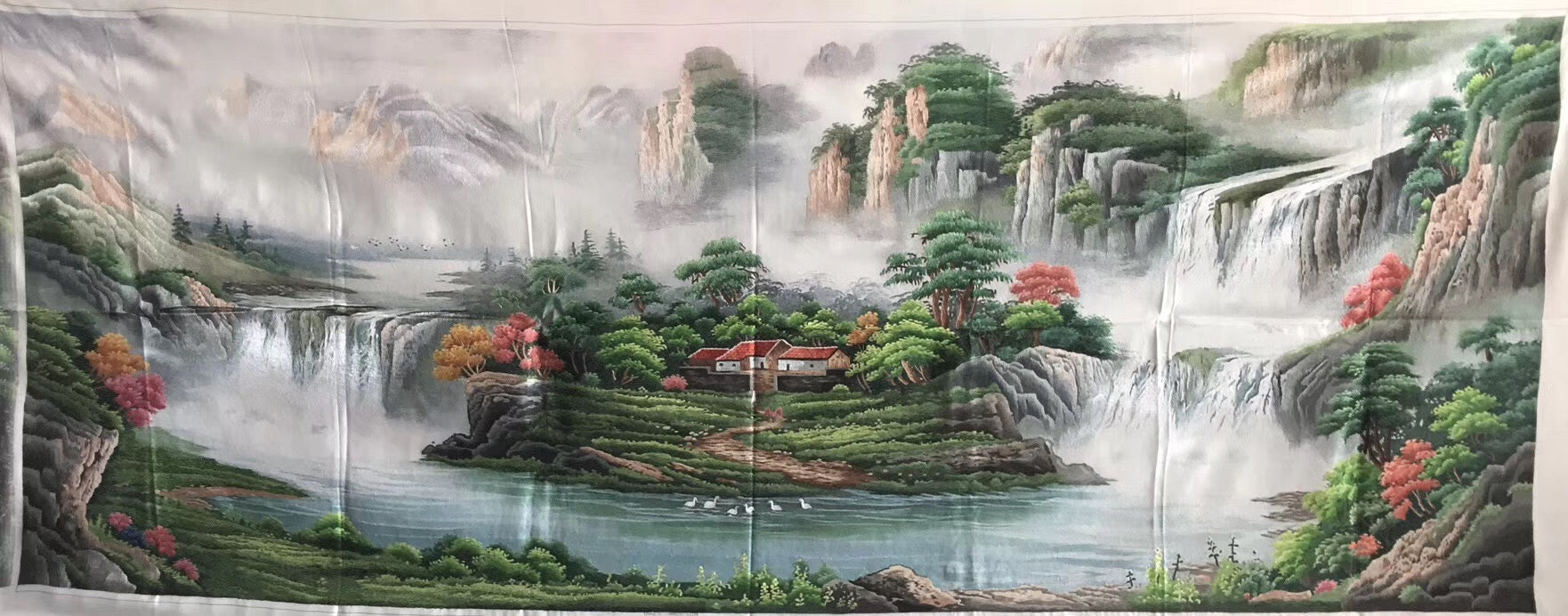 Big size Hand Su Embroidery Art:waterfall lake mountains landscape 210cm