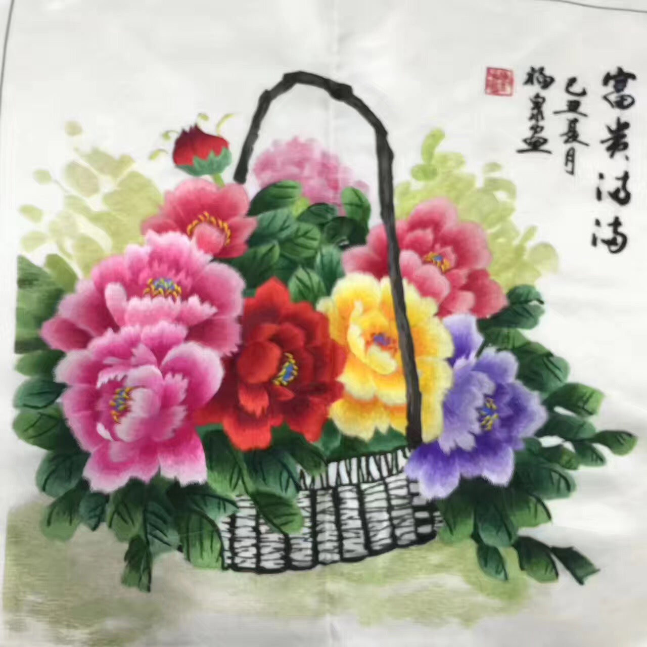 Hand su embroidery art:basket flower peony magnolia panda lotus cricle 35cm