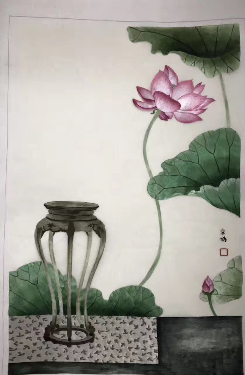 Delicate Hand embroidered Su Embroidery Art:flower lotus tulip still life fish 60cm 5918