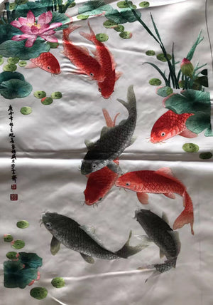 Hand embroideried Su Embroidery Art:carp fish lotus cock peony dragon vase 60cm 3918