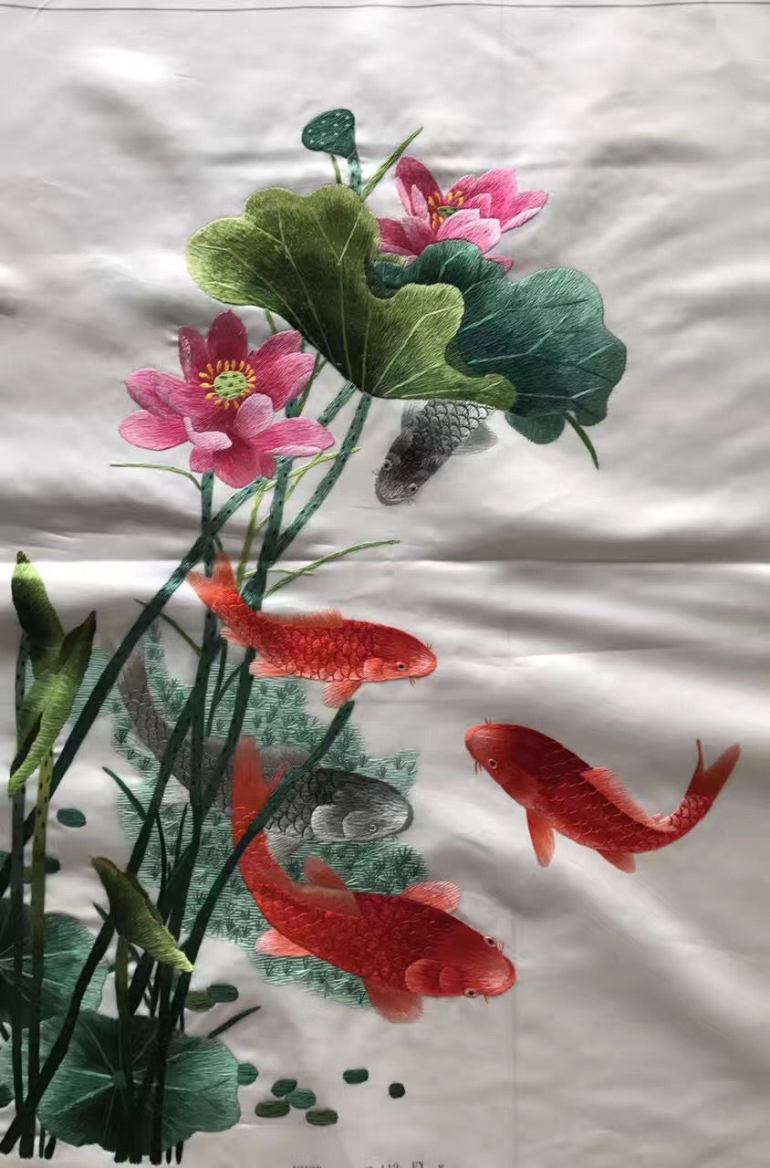 Hand embroideried Su Embroidery Art:carp fish lotus cock peony dragon vase 60cm 3918