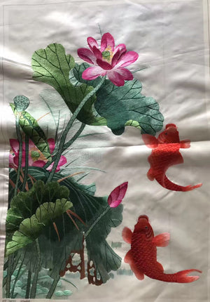 Hand embroideried Su Embroidery Art:carp fish lotus cock peony dragon vase 60cm 3918